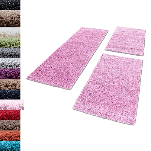 Carpettex Bettumrandung Schlafzimmer 3teilig Shaggy Teppich Hochflor Einfarbig Pink Bettset:2 mal 60x110 + 1 mal 80x150 - Bettvorleger Schlafzimmer Läuferset Weicher Flauschig Bettumrandung Teppich von Carpettex