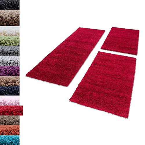 Carpettex Bettumrandung Schlafzimmer 3teilig Shaggy Teppich Hochflor Einfarbig Rot Bettset:2 mal 60x110 + 1 mal 80x150 - Bettvorleger Schlafzimmer Läuferset Weicher Flauschig Bettumrandung Teppich von Carpettex