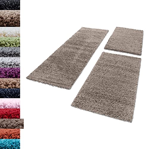 Carpettex Bettumrandung Schlafzimmer 3teilig Shaggy Teppich Hochflor Einfarbig Taupe Bettset:2 mal 60x110 + 1 mal 80x150 - Bettvorleger Schlafzimmer Läuferset Weicher Flauschig Bettumrandung Teppich von Carpettex