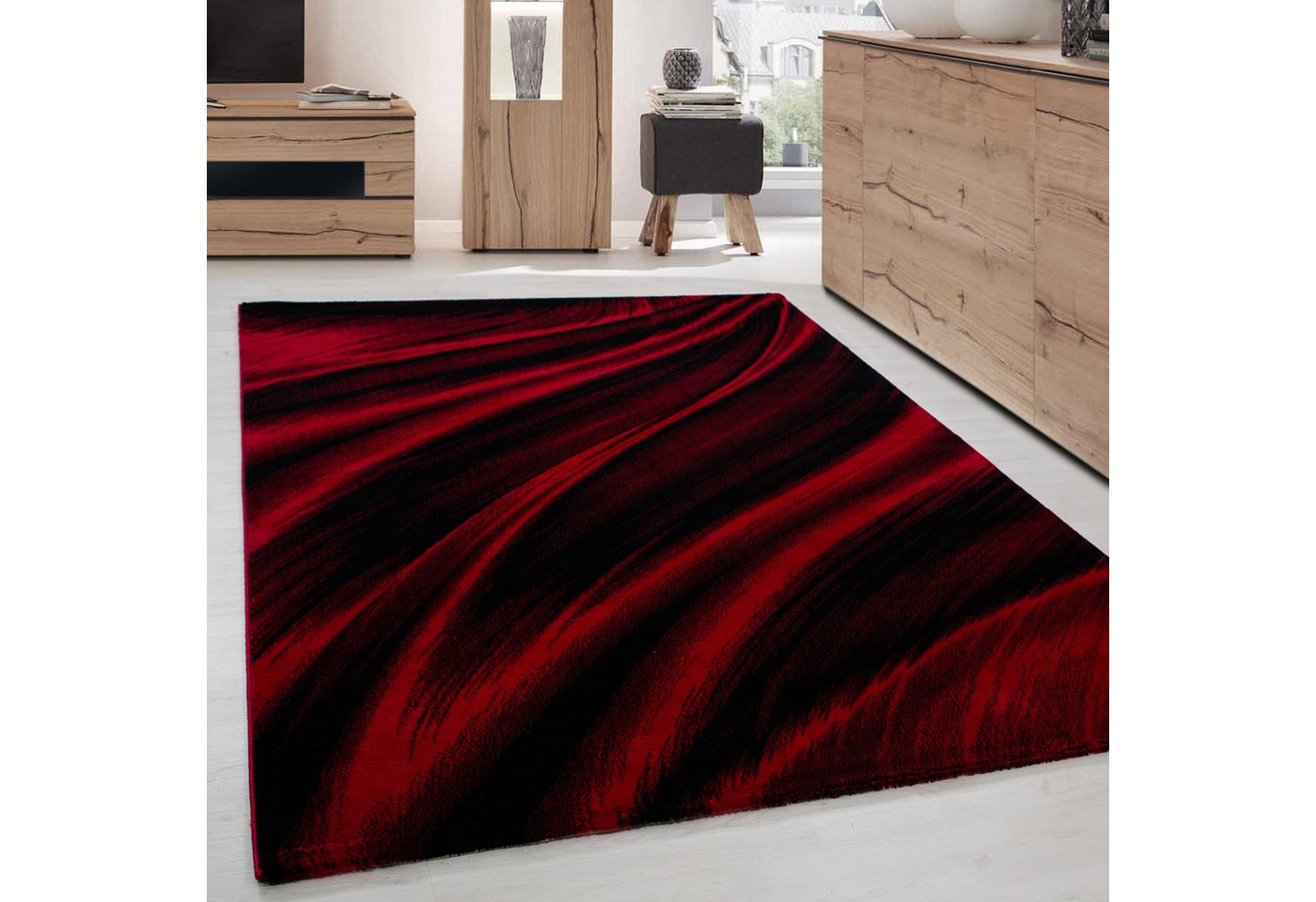 Designteppich Abstrakt Wellen Design, Carpettex, Läufer, Höhe: 12 mm, Kurzflor Teppich Wohnzimmer Abstrakt Wellen Design Rot Pflegeleicht von Carpettex