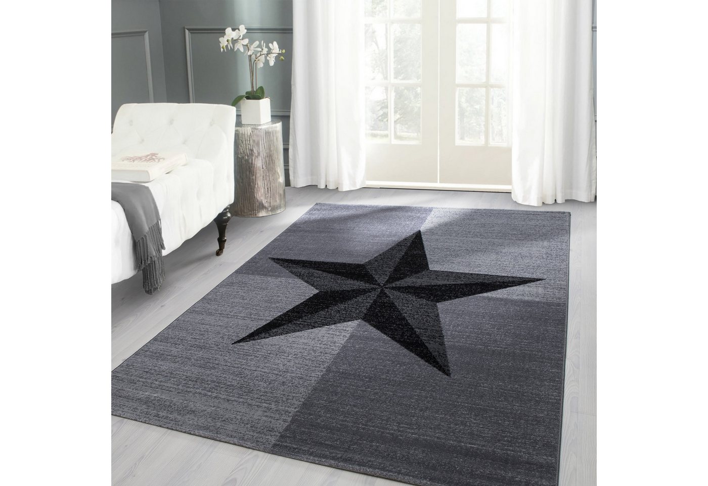 Designteppich Sterne-Design, Carpettex, Läufer, Höhe: 6 mm, Modern Kurzflor Teppich Wohnzimmer Stern Design Schwarz-Pflegeleicht von Carpettex