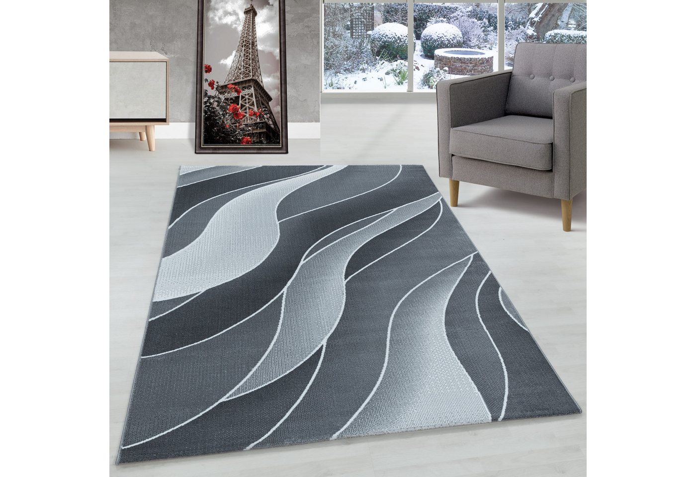 Designteppich Wellen Design, Carpettex, Rechteckig, Höhe: 9 mm, Kurzflor Teppich Wellen Design Teppich Grau Teppich Wohnzimmer von Carpettex