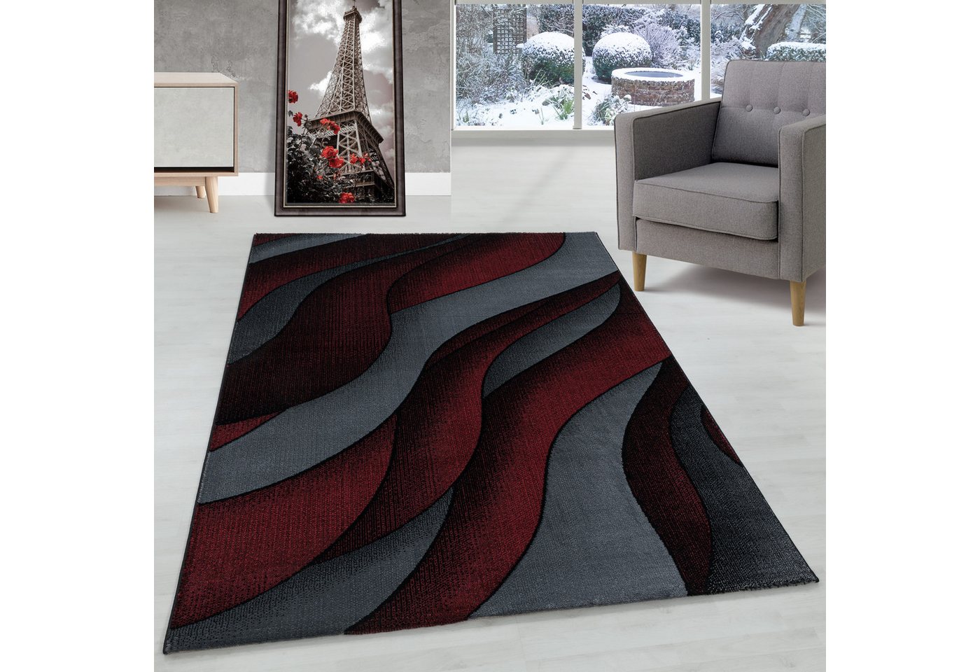 Designteppich Wellen Design, Carpettex, Rechteckig, Höhe: 9 mm, Kurzflor Teppich Wellen Design Teppich Rot Teppich Wohnzimmer von Carpettex