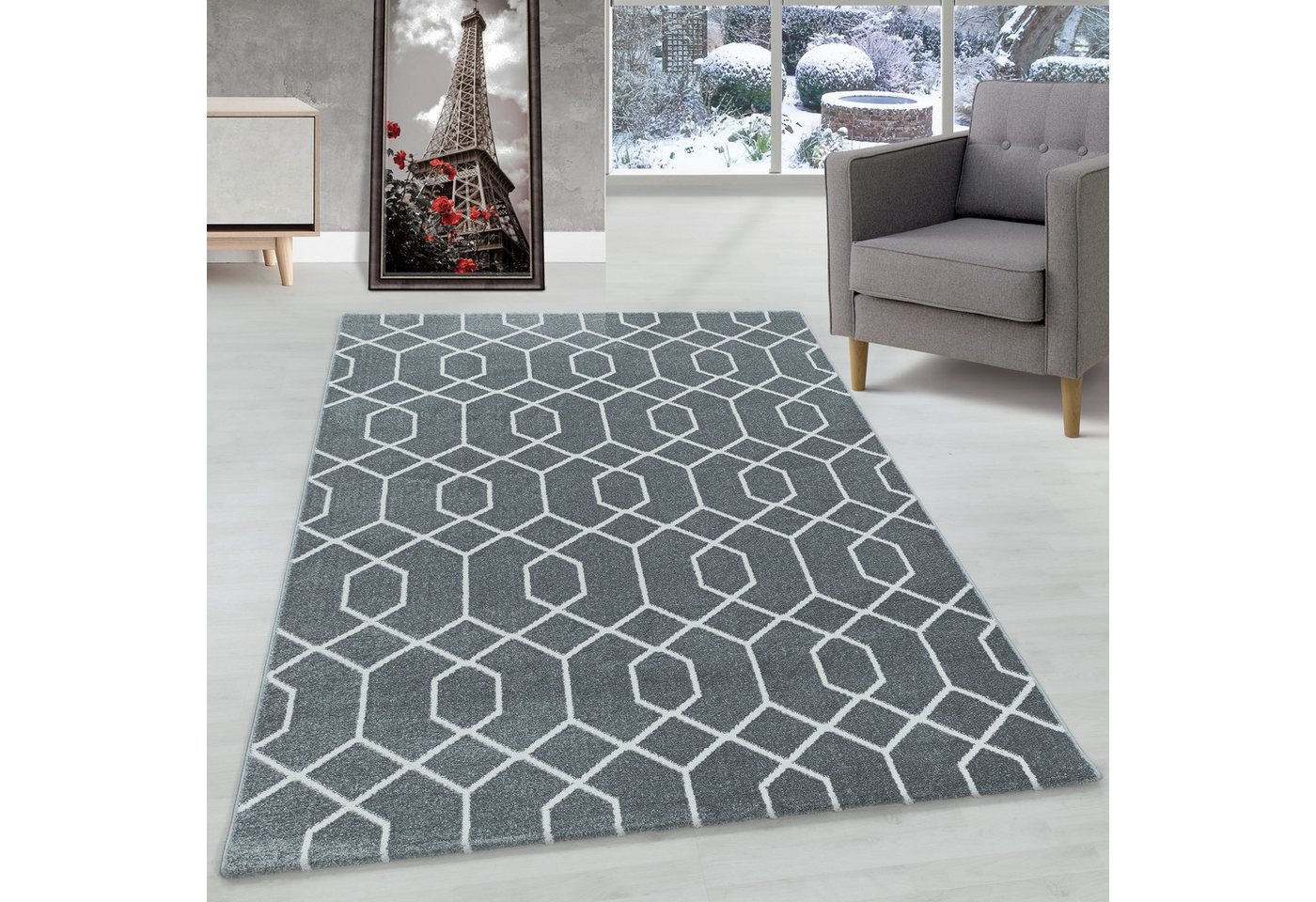 Frisé-Teppich Geometrisch Design, Carpettex, Läufer, Höhe: 10 mm, Kurzflor Teppich Geometrisch Design Grau Teppich Wohnzimmer von Carpettex