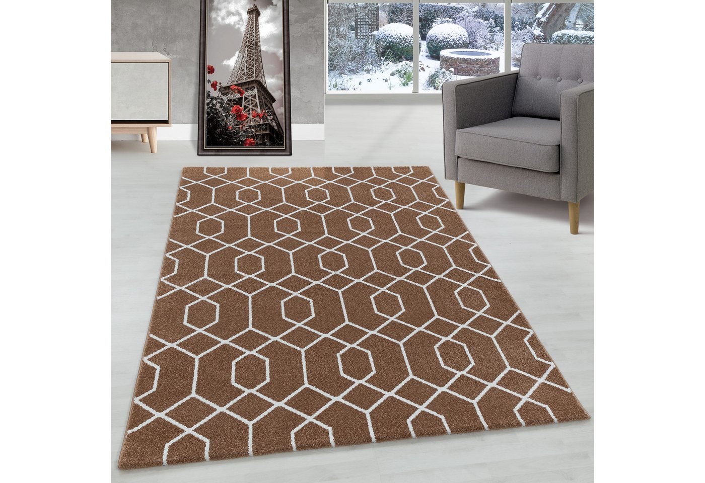 Frisé-Teppich Geometrisch Design, Carpettex, Läufer, Höhe: 10 mm, Kurzflor Teppich Geometrisch Design Kupferfarbe Teppich Wohnzimmer von Carpettex