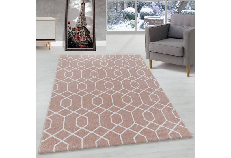 Carpettex Frisé-Teppich Geometrisch Design, Rechteckig, Höhe: 10 mm, Kurzflor Teppich Geometrisch Design Rosa Teppich Wohnzimmer von Carpettex