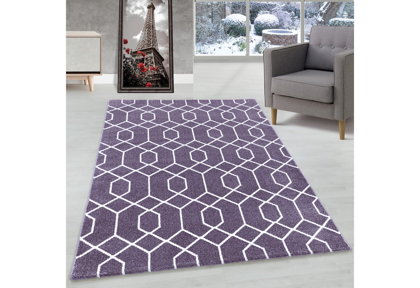 Frisé-Teppich Geometrisch Design, Carpettex, Läufer, Höhe: 10 mm, Kurzflor Teppich Geometrisch Design Violett Teppich Wohnzimmer von Carpettex