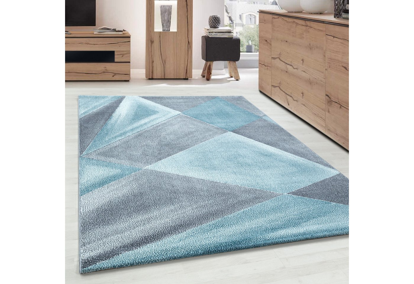 Frisé-Teppich Geometrisch Design, Carpettex, Rechteckig, Höhe: 10 mm, Modern Kurzflor Teppiche Geometrisch Design Blau Teppich Wohnzimmer von Carpettex