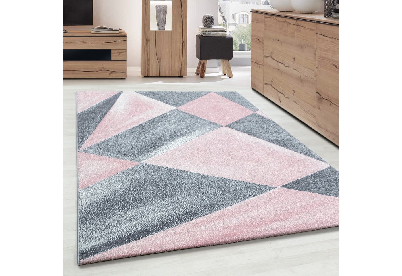 Frisé-Teppich Geometrisch Design, Carpettex, Läufer, Höhe: 10 mm, Modern Kurzflor Teppiche Geometrisch Design Rosa Teppich Wohnzimmer von Carpettex