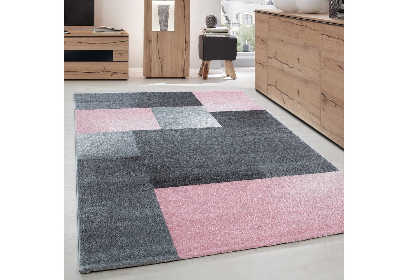 Frisé-Teppich Kariert Design, Carpettex, Läufer, Höhe: 11 mm, Kurzflor Teppich Wohnzimmer Kariert Design Rosa Teppich im modern Stil von Carpettex