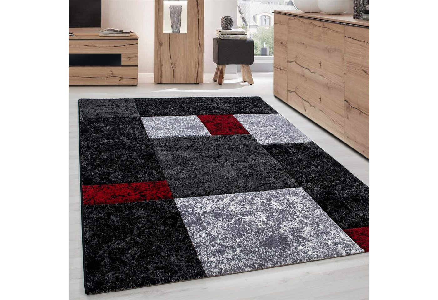 Frisé-Teppich Kariert Design, Carpettex, Läufer, Höhe: 13 mm, Wohnzimmer Teppich Rot Kurzflor Konturenschnitt Kariert Design von Carpettex