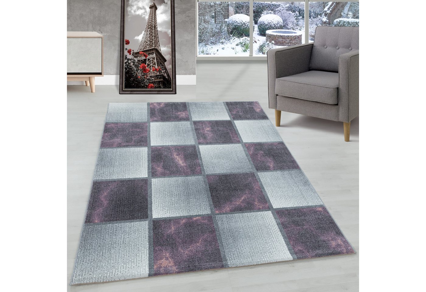 Frisé-Teppich Kariert Design, Carpettex, Läufer, Höhe: 8 mm, Kurzflor Teppich Wohnzimmer Kariert Design Violett verschidene größen von Carpettex