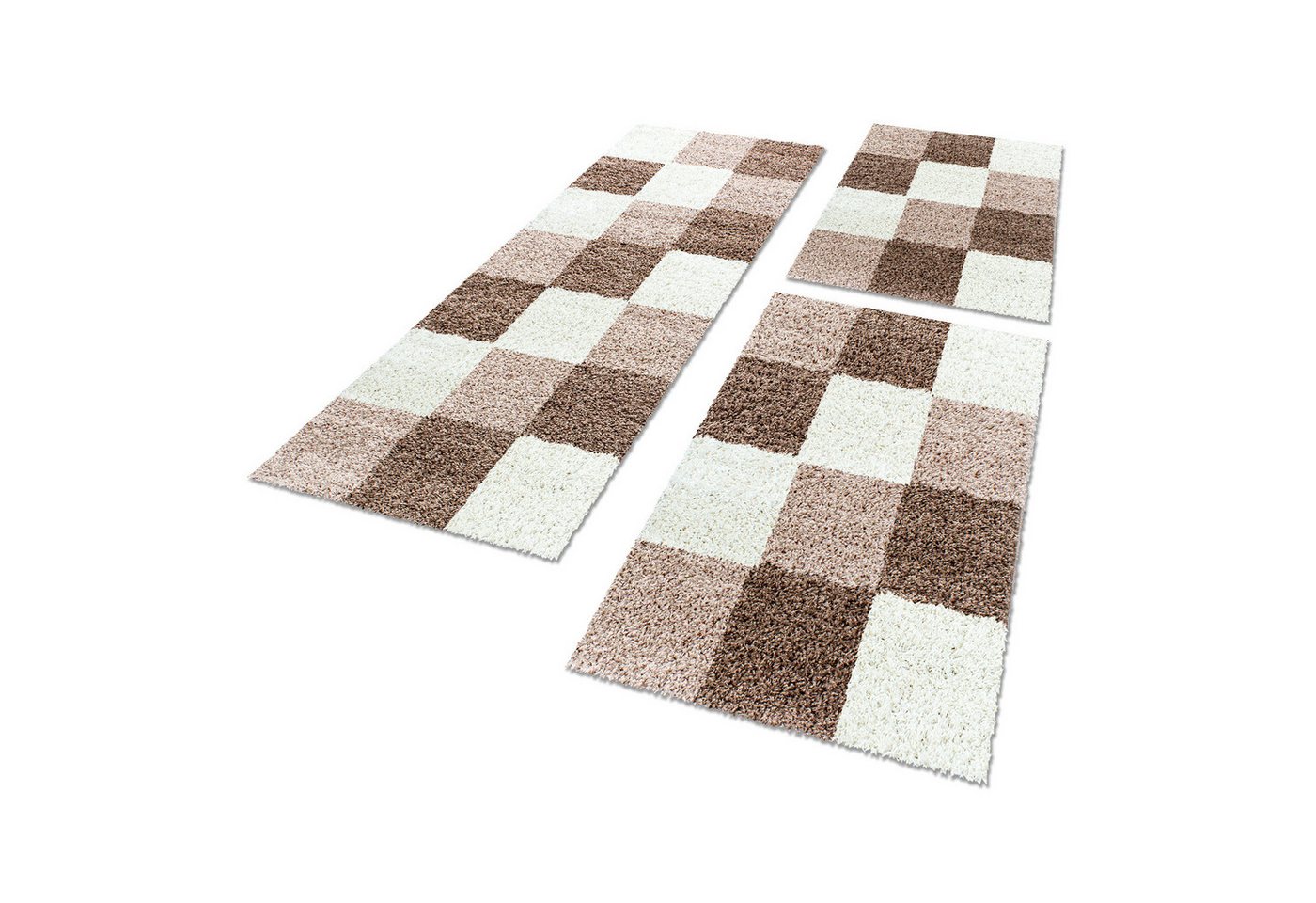 Carpettex Hochflor-Bettumrandung Kariert Design, Höhe 30 mm, (Bett-Set, 3-tlg., Bettvorlage), Schlafzimmer Teppich Bettumrandung Läufer Set 3 teilig von Carpettex