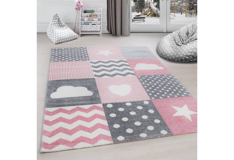 Carpettex Kinderteppich Herz- und Stern Design, Läufer, Höhe: 11 mm, Kinderteppich Karo Design Rosa Baby Teppich Kinderzimmer Pflegeleicht von Carpettex