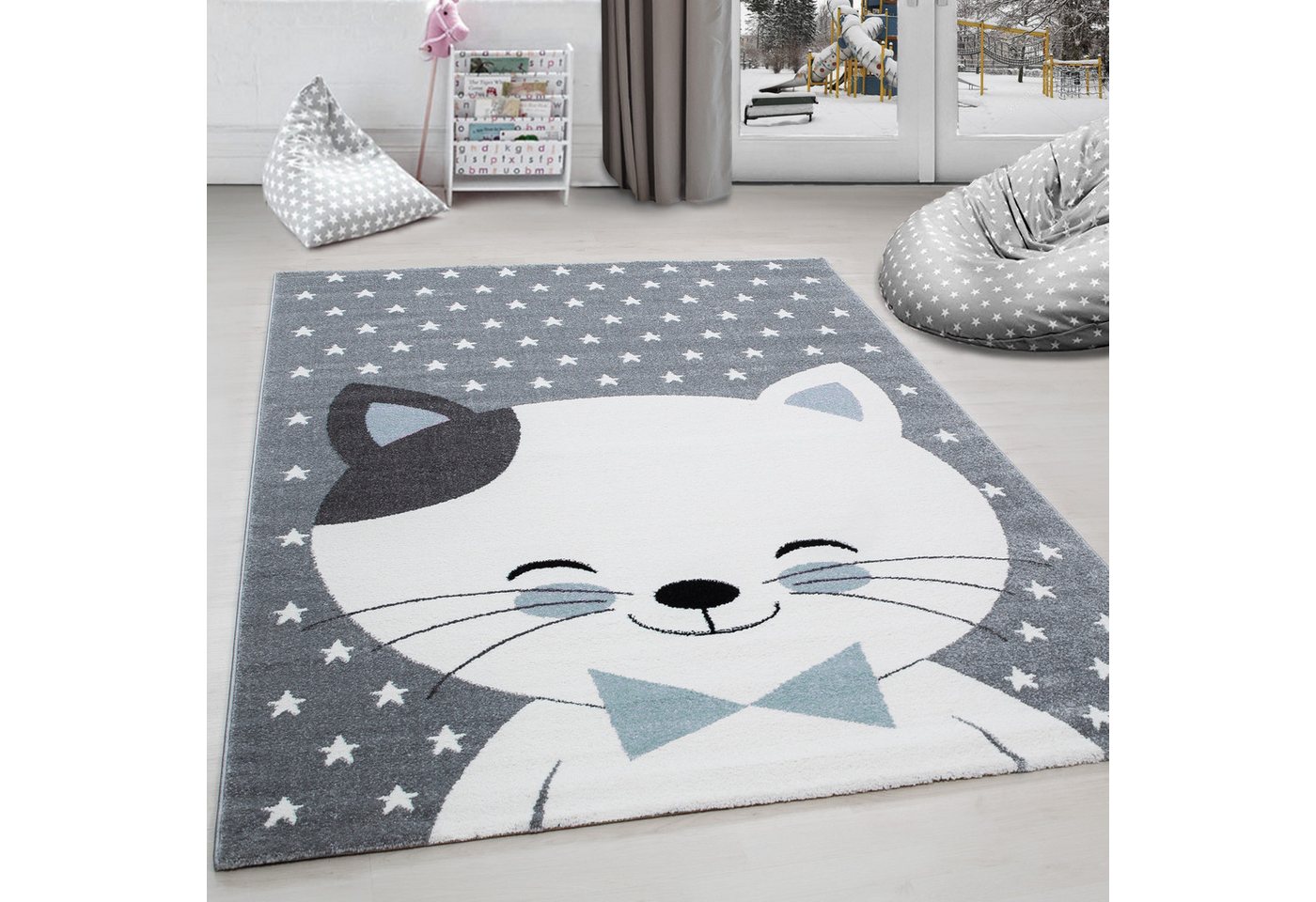 Kinderteppich Niedliches Katze design, Carpettex, Läufer, Höhe: 11 mm, Kinderteppich Katze Design Blau Baby Teppich Kinderzimmer Pflegeleicht von Carpettex