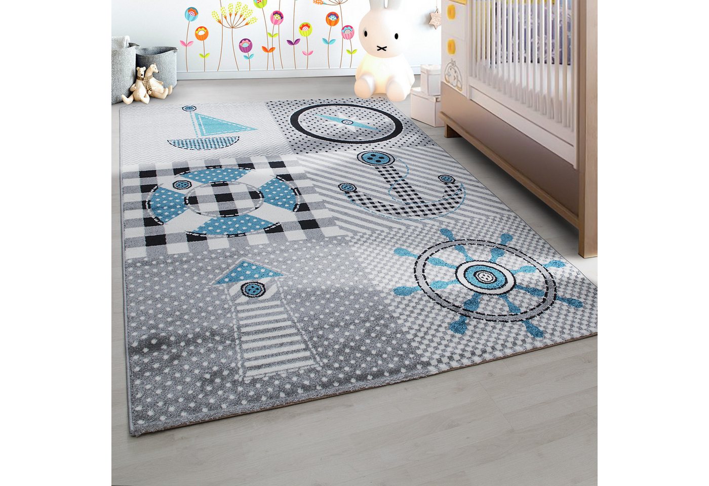 Kinderteppich Piraten-Design, Carpettex, Läufer, Höhe: 11 mm, Kinderteppich Pirat-Design Grau Baby Teppich Kinderzimmer Pflegeleicht von Carpettex