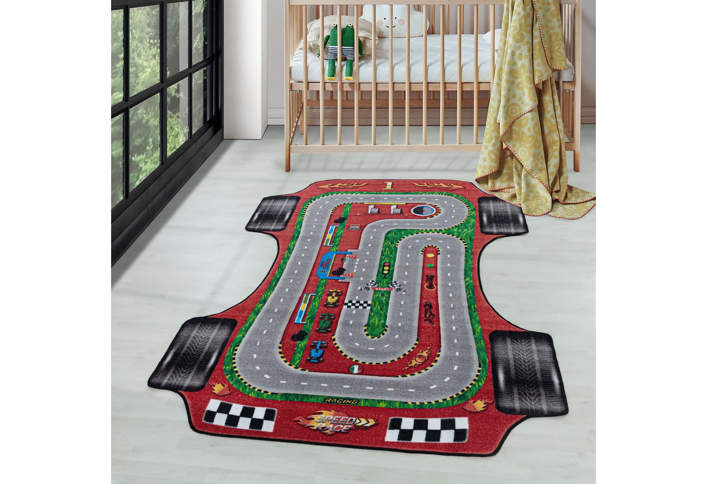 Kinderteppich Rennstrecke, Carpettex, Läufer, Höhe: 7 mm, Kinderteppich Rot Rennstrecke Teppich Kinderzimmer Rutschfest Waschbar von Carpettex