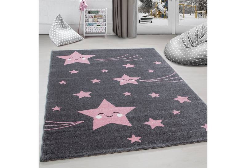 Carpettex Kinderteppich Sterne-Design, Rund, Höhe: 11 mm, Kinderteppich Stern-Design Rosa Baby Teppich Kinderzimmer Pflegeleicht von Carpettex