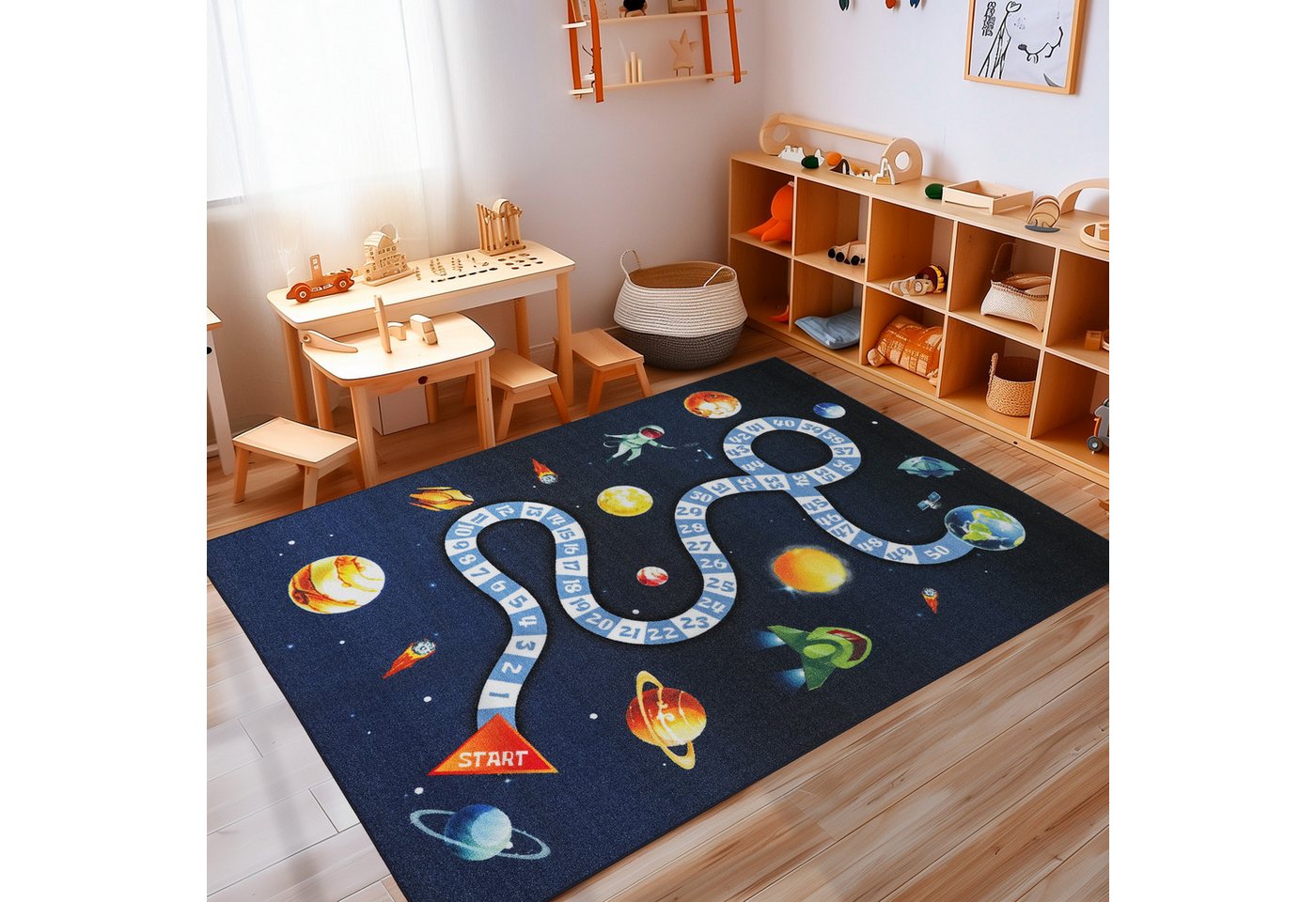 Kinderteppich Weltraum Design, Carpettex, Läufer, Höhe: 7 mm, Teppich Kinderzimmer MarineWeltraum Design Rutschfest Waschbar von Carpettex