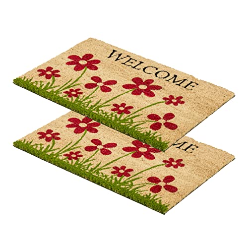 Carpido Fußmatte Kokos Blumenwiese Natur – Türmatte 40x60 cm 2er Set – antibakterielle Matte – Kokosmatte mit Vinylrücken – natürliches Material – 100% Kokos von Carpido