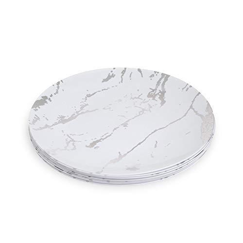 10 Stück Weiß und Silber Hartplastik Wiederverwendbare Salatteller ~ Marmor Design Kunststoff Geschirr - Ideal für Hochzeiten und Partys (22,9 cm Teller) von Carrara