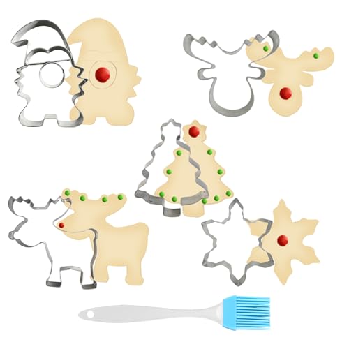 5 Stück Ausstechformen Weihnachten, Plätzchen Ausstecher Keksausstecher Edelstahl mit Silikonölpinsel Ausstecher Wichtel Elchkopf Plätzchenausstecher Schneeflocke Weihnachtsbaum Weihnachtsmanngesicht von Carreuty