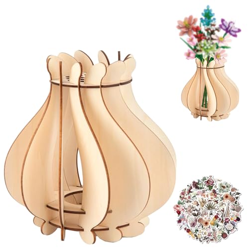 Blumenstrauß Vase Kompatibilität mit Blumen, Holzvase Holzpuzzle mit 40 Stück Blumenaufkleber Kompatibilität mitBlumenstrauß Bonsai Blumen Rosenstrauß Orchidee Tulpen Chrysantheme Kirschblüten Deko von Carreuty