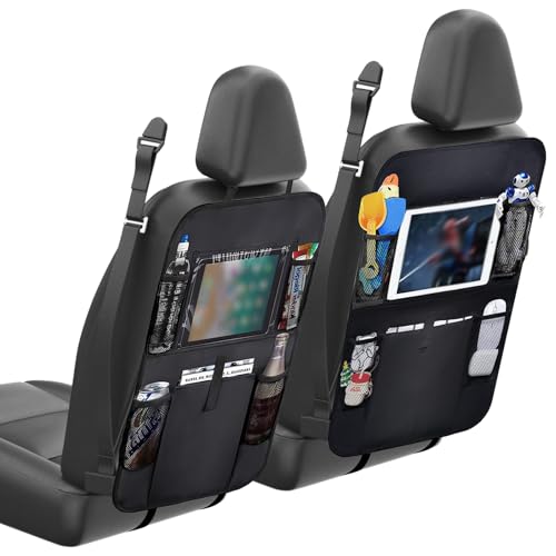 Carreuty 2 Stück Rückenlehnenschutz Auto Kinder, Schwarz Autositz Organizer with Multifunktionale Tasche, Wasserdichter Auto Organizer Kinderspielzeug-Aufbewahrung für Rückenlehne des Autositzes von Carreuty