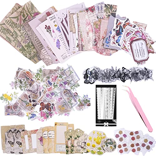 290pcs Ästhetische Scrapbooking Sticker Aufkleber Pack, DIY Dekorative Papier Retro Blumen Journaling Zubehör Papier Kit für Scrapbook Supplies Journal Kit (Retro Flower Life) von Carreuty