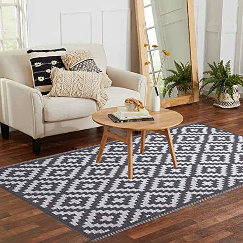 Carreuty Wendbarer Außen Teppich, Recycelte Camping Kunststoff Stroh Matte aus Umweltfreundlichem PP Faltbar Tragbar Wasserdichter für Picknick Balkon Terrasse Strand und Flur 120x180cm Grau und Weiß von Carreuty