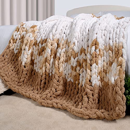 Chenille-Grobstrickdecke, weich, flauschig, handgefertigt, Überwurfdecke für Couch, Sofa, Bett und Heimdekoration, Carriediosa (Sandweißer Kontrast: 127 x 152,4 cm) von Carriediosa