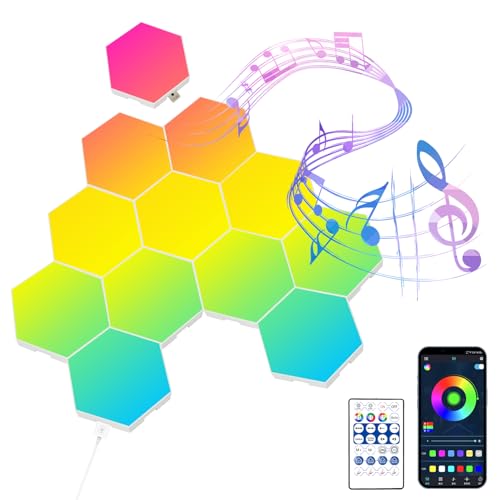 Carseatty Hexagon LED Panel, 12 Pack RGB Smart Lights LED Sechseck Gaming Wandleuchte, LED Platten Gaming Wand Licht App Steuerung Musik Sync, Lichtpanels Gaming Stimmungslichter Deko für Wand (12) von Carseatty