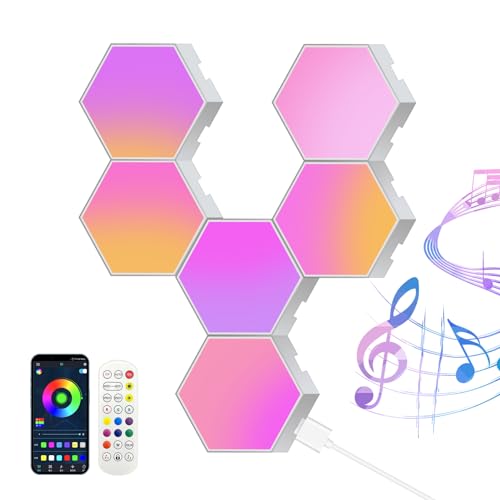 Hexagon LED Panel, 6 Pack RGB Smart Lights LED Sechseck Gaming Wandleuchte, LED Platten Gaming Wand Licht App Steuerung Musik Sync, Lichtpanels Gaming Stimmungslichter Deko für Wand (6) von Carseatty