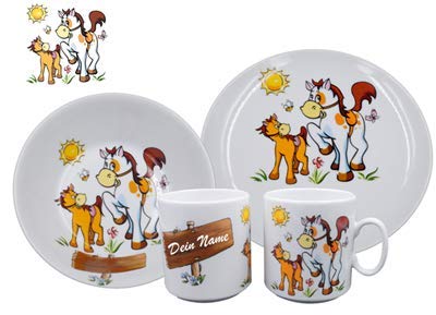 Carstens Keramik® Geschirr-Set mit Namen Porzellan Pony Pferd aus hochwertigem Porzellan, mit Wunschnamen von Carstens Keramik