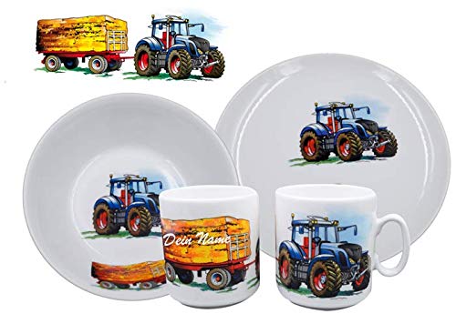 Carstens Keramik® Geschirr-Set mit Namen Porzellan Trecker Traktor Landwirt bestehend aus Tasse Teller und Schale von Carstens Keramik