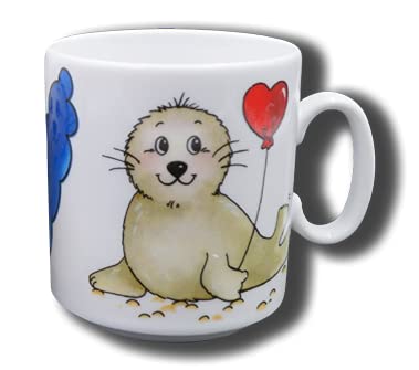 Carstens Keramik® Namenstasse aus Porzellan Seehund Herz, Tasse mit Namen, Robbe Herzluftballon, mit Gravur von Carstens Keramik