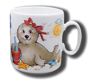 Carstens Keramik® Namenstasse aus Porzellan Seehund Mädchen, Tasse mit Namen, Robbe Sandeimer, mit Gravur von Carstens Keramik