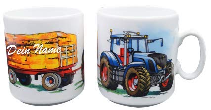 Carstens Keramik® Tasse Becher mit Namen Trecker Traktor Landwirt, aus hochwertigem Porzellan, mit Wunschnamen von Carstens Keramik