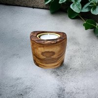 Handgefertigter Teelichthalter Aus Olivenholz | Rustikal Mit Goldfarbenem Einsatz - Naturdeko von Cartava