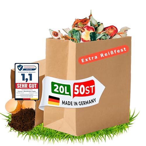 Cartevo Biomüllbeutel 20L - 50 Stück Bio müllbeutel reißfest &Nassfest Biomülltüten Papier für Küche Biomülleimer & Biotonne | Papiertüten plastikfrei, umweltfreundlich & kompostierbar von Cartevo