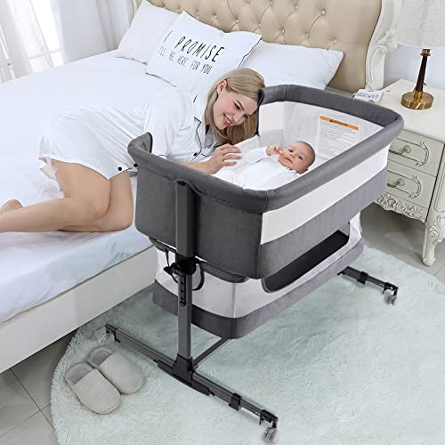 Carvapet Beistellbett 3 in1 Baby Bett mit Matratze,Moskitonetz,Stubenwagen mit Rollen,5-Fach Höhenverstellbar Reisebett,Faltbare Seitenwand,für 0-6 Monate Baby,Grau von Carvapet