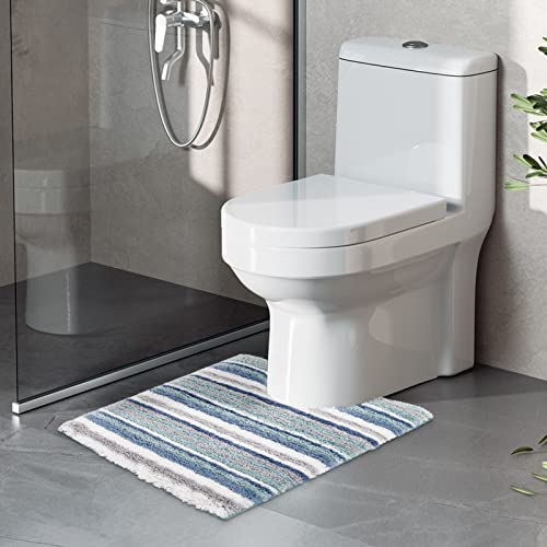 Carvapet Badematte Toilettenvorleger U Förmige Badteppiche Wasserabsorbierend Badvorleger für Badezimmer Weiche Plüsch Gestreifte Mikrofaser Duschvorleger Toilett WC(Blau,51x61cm mit WC-Ausschnitt) von Carvapet