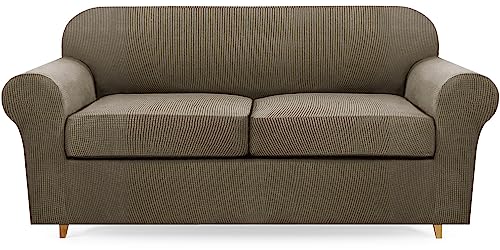 Carvapet High Stretch Fit Sofabezug mit Kissenbezügen, Dicker und waschbarer Plüsch-Jacquard-Sofabezug für Wohnzimmermöbelschutz (Kamel, 2 Sitzer-L) von Carvapet