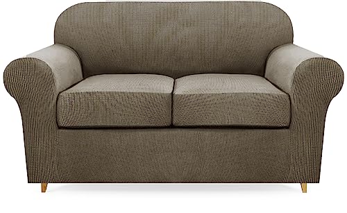 Carvapet High Stretch Fit Sofabezug mit Kissenbezügen, Dicker und waschbarer Plüsch-Jacquard-Sofabezug für Wohnzimmermöbelschutz (Kamel, 2 Sitzer-M) von Carvapet