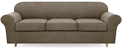 Carvapet High Stretch Fit Sofabezug mit Kissenbezügen, Dicker und waschbarer Plüsch-Jacquard-Sofabezug für Wohnzimmermöbelschutz (Kamel, 3 Sitzer-L) von Carvapet