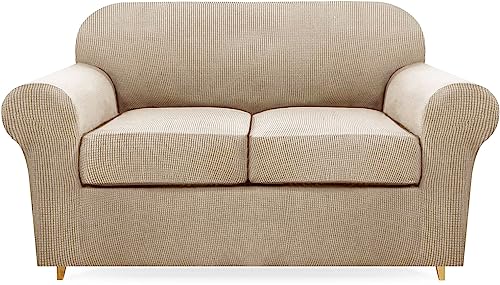 Carvapet High Stretch Fit Sofabezug mit Kissenbezügen, Dicker und waschbarer Plüsch-Jacquard-Sofabezug für Wohnzimmermöbelschutz (Khaki, 2 Sitzer-M) von Carvapet