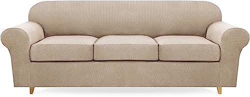 Carvapet High Stretch Fit Sofabezug mit Kissenbezügen, Dicker und waschbarer Plüsch-Jacquard-Sofabezug für Wohnzimmermöbelschutz (Khaki, 3 Sitzer-L) von Carvapet