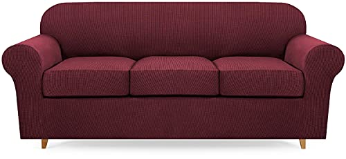 Carvapet High Stretch Fit Sofabezug mit Kissenbezügen, Dicker und waschbarer Plüsch-Jacquard-Sofabezug für Wohnzimmermöbelschutz (Weinrot, 3 Sitzer-M) von Carvapet
