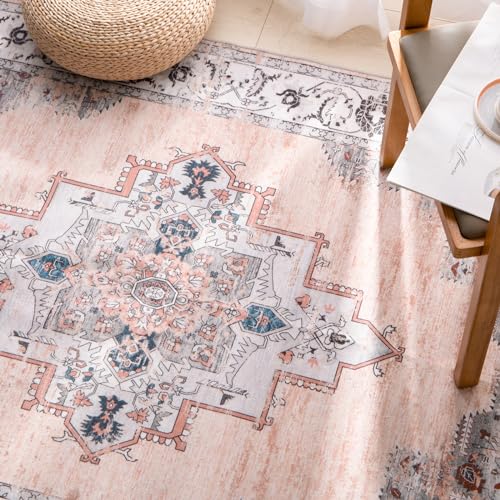 Carvapet Läufer Teppich 120x180cm rutschfest Lang Küchenteppich Waschbar Dünner Teppiche Gegend Retro Medaillon Teppich für Wohnzimmer Schlafzimmer Küche(Rosa Grau) von Carvapet