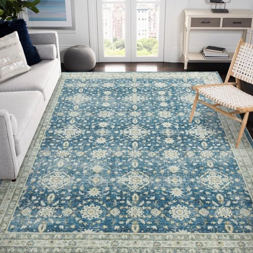 Carvapet Läufer Teppich 150x210cm rutschfest Lang Küchenteppich Weiche Mikrofaser Waschbar Teppichläufer Blumendruck Flächenteppich Laufteppich(Blau) von Carvapet